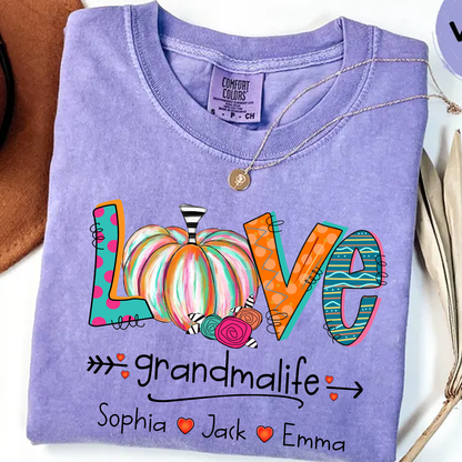 Comfort Colors® Grandma Life Pumpkin Shirt with Grandkids Names – Fall Personalized Gift for Nana, Gigi
