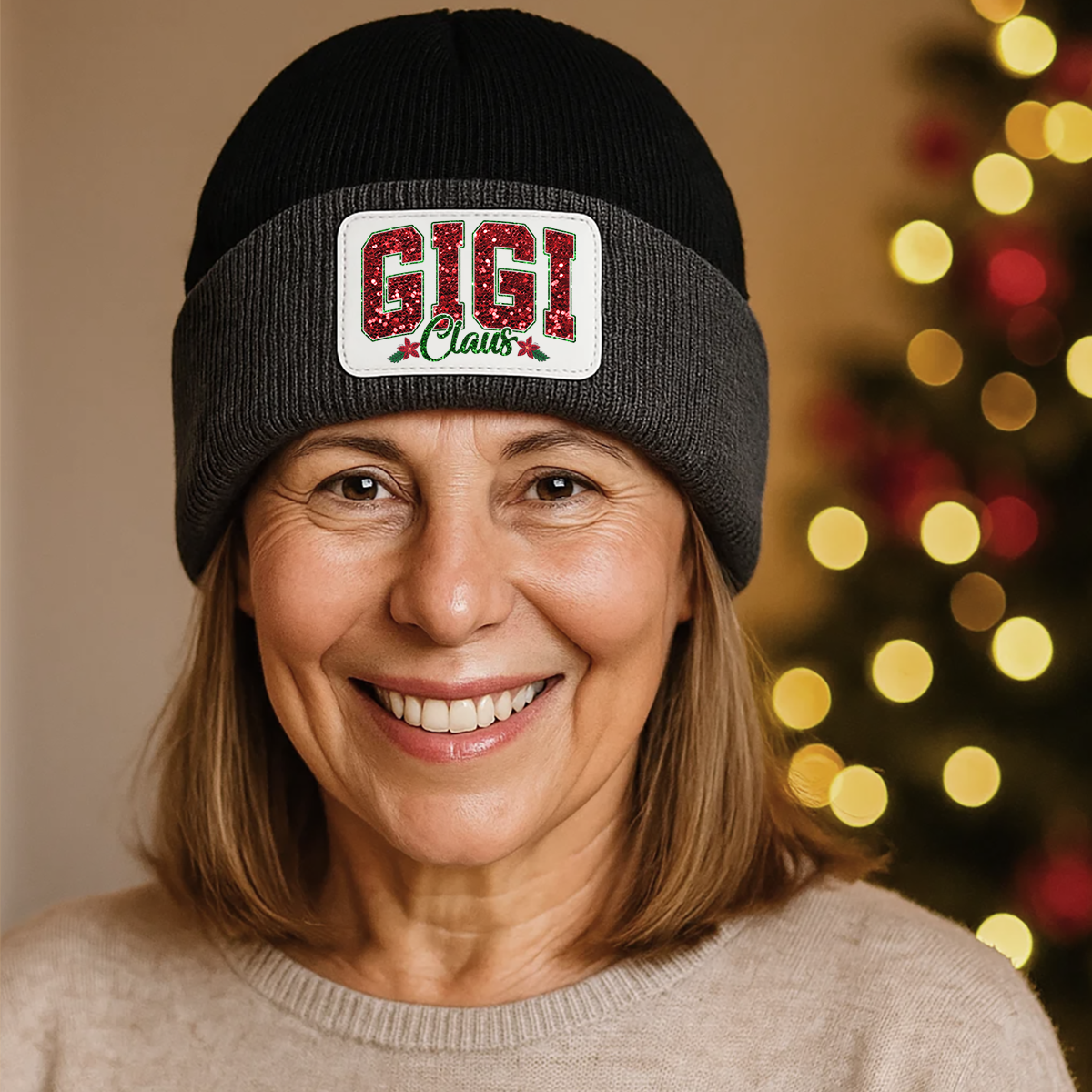 Personalized Gigi Claus Christmas Beanie, Custom Name Patch Knit Hat for Grandma, Holiday Gift for Gigi, Embroidered Winter Hat