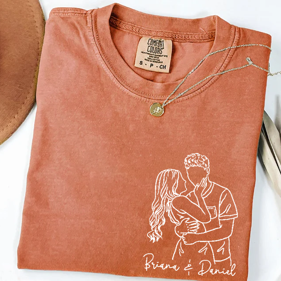 Custom Couple Line Art Comfort Colors Shirt, Personalized Photo Outline Portrait T Shirt, Matching Couple Shirt, Minimal Drawing Love Design