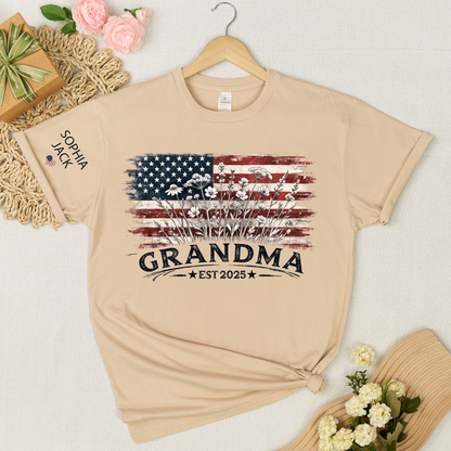 Personalized Grandma Est 2025 Shirt, Custom Nana Mimi Gigi Grandma Tee With Kids Names On Sleeve, Patriotic Floral American Flag Shirt Family Grandkids Gift U.S. 250th Anniversary Apparel