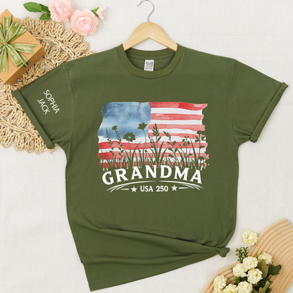 Personalized Grandma Shirt Patriotic USA Flag Wildflower Design Custom Nana Mimi Gigi Name Tee U.S. 250th Anniversary 4th of July Family Outfit