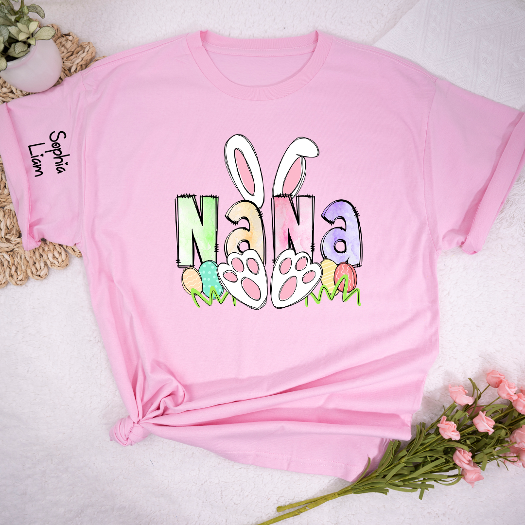 Personalized Nana Easter Shirt with Bunny Ears and Paw Print Design, Custom Grandma Name T Shirt, Spring Family Outfit, Cute Pastel Graphic Top for Mom and Grandma
