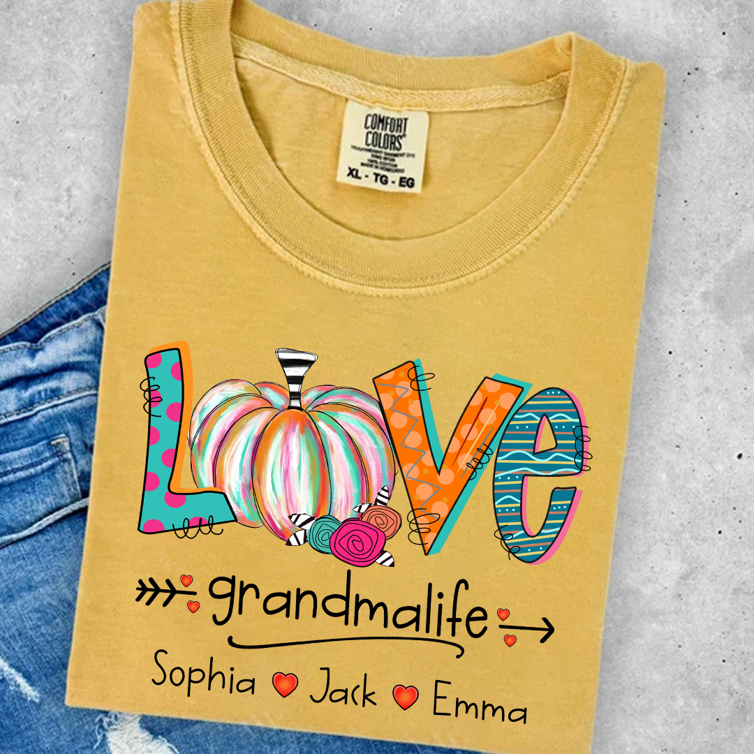 Comfort Colors® Grandma Life Pumpkin Shirt with Grandkids Names – Fall Personalized Gift for Nana, Gigi