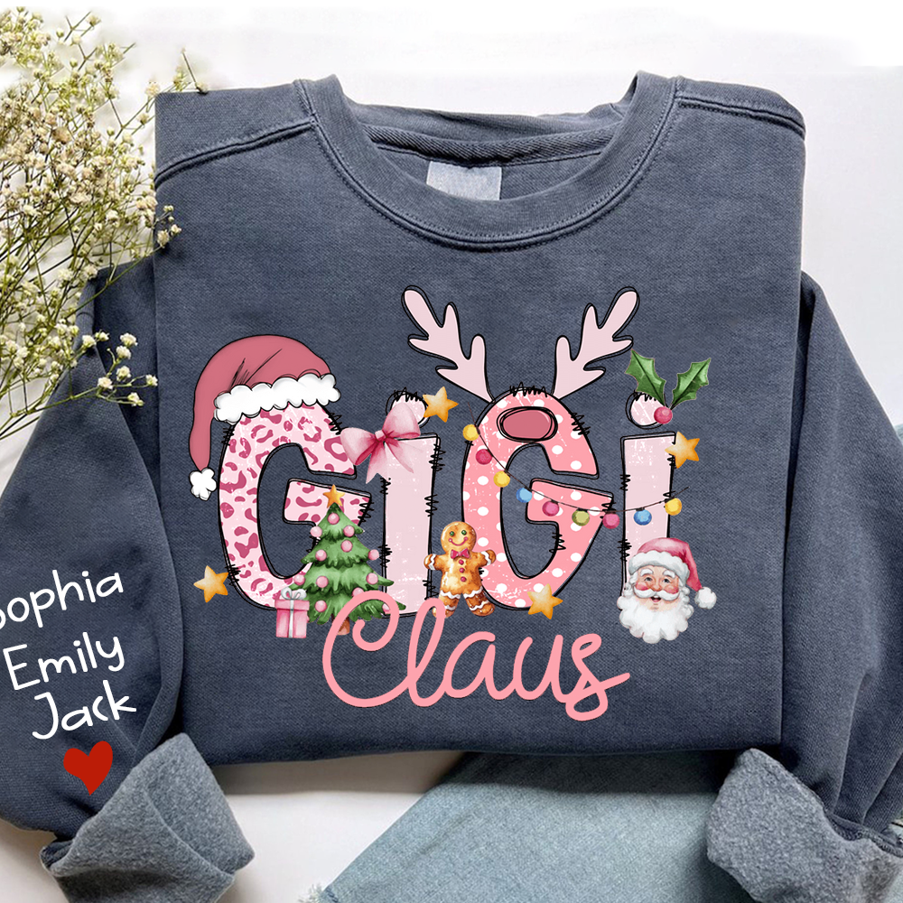 Gigi Claus Christmas Sweatshirt – Personalized Holiday Shirt with Grandkids’ Names