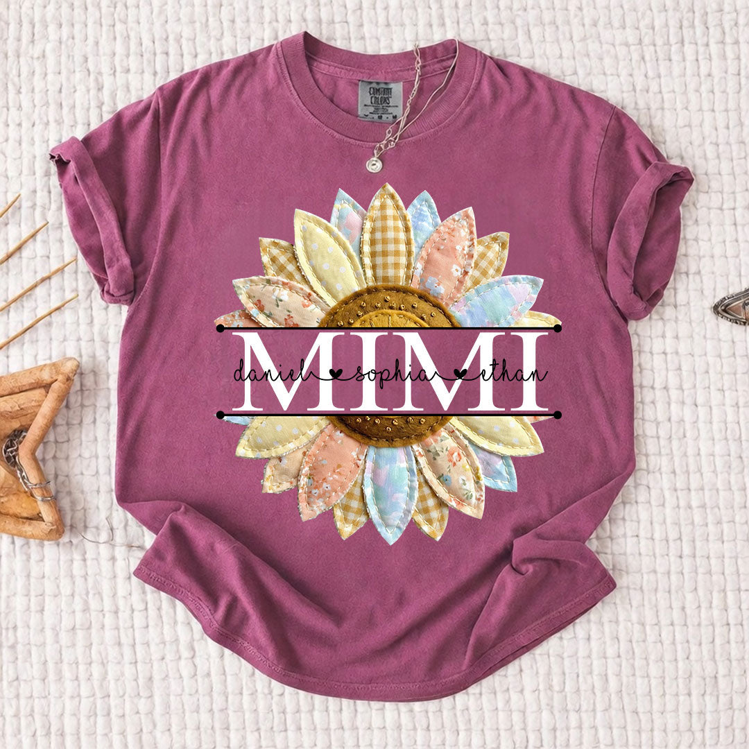 Comfort Colors Personalized Mimi Sunflower Patchwork Shirt Custom Grandma Nickname Tee With Grandkids Names Nana Gigi Grandma Floral Sunflower Design Family Gift Mothers Day Grandma Apparel