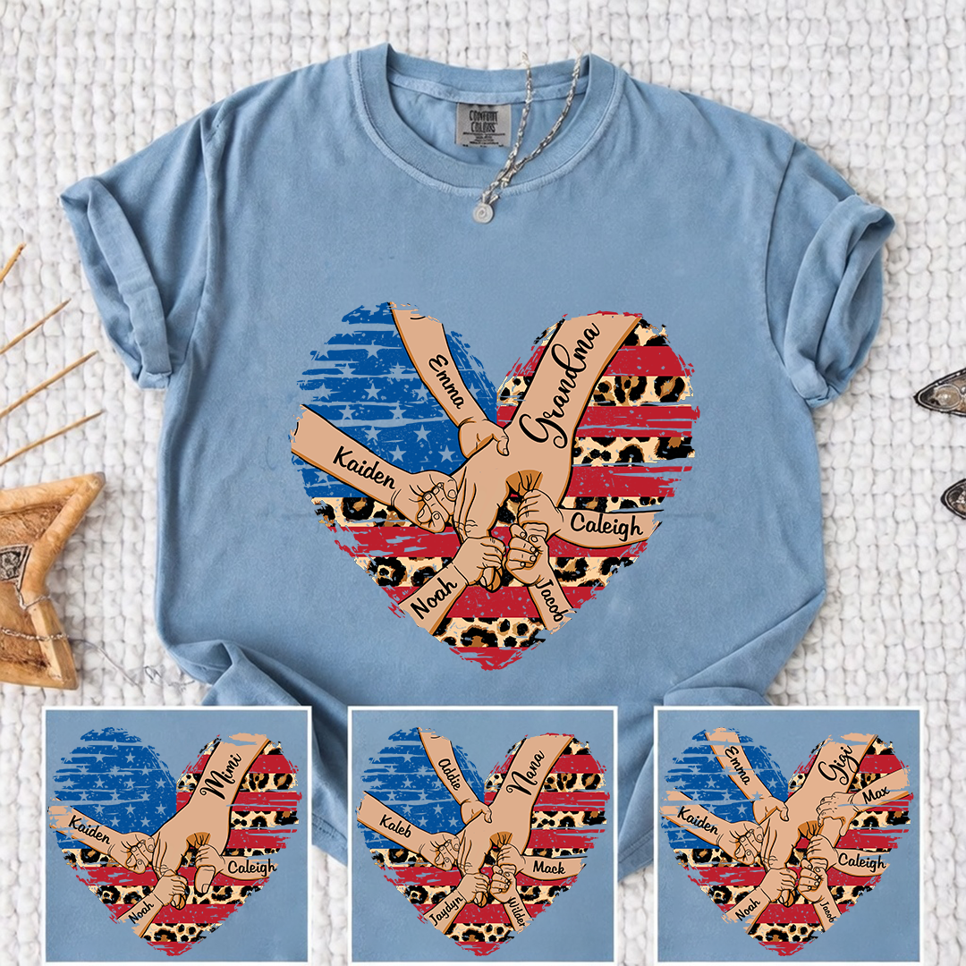 Comfort Color Personalized Grandma Shirt Patriotic Heart American Flag Leopard Design Custom Nana Mimi Gigi Name Tee with Grandkids Names Family 4th of July Outfit
