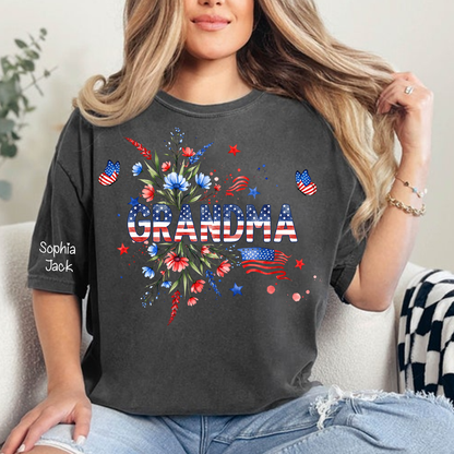 Patriotic Grandma Shirt, American Flag Floral Grandma T-Shirt, Custom Mimi Gigi Nana Tee, 4th of July Grandma Gift, Mother's Day Apparel