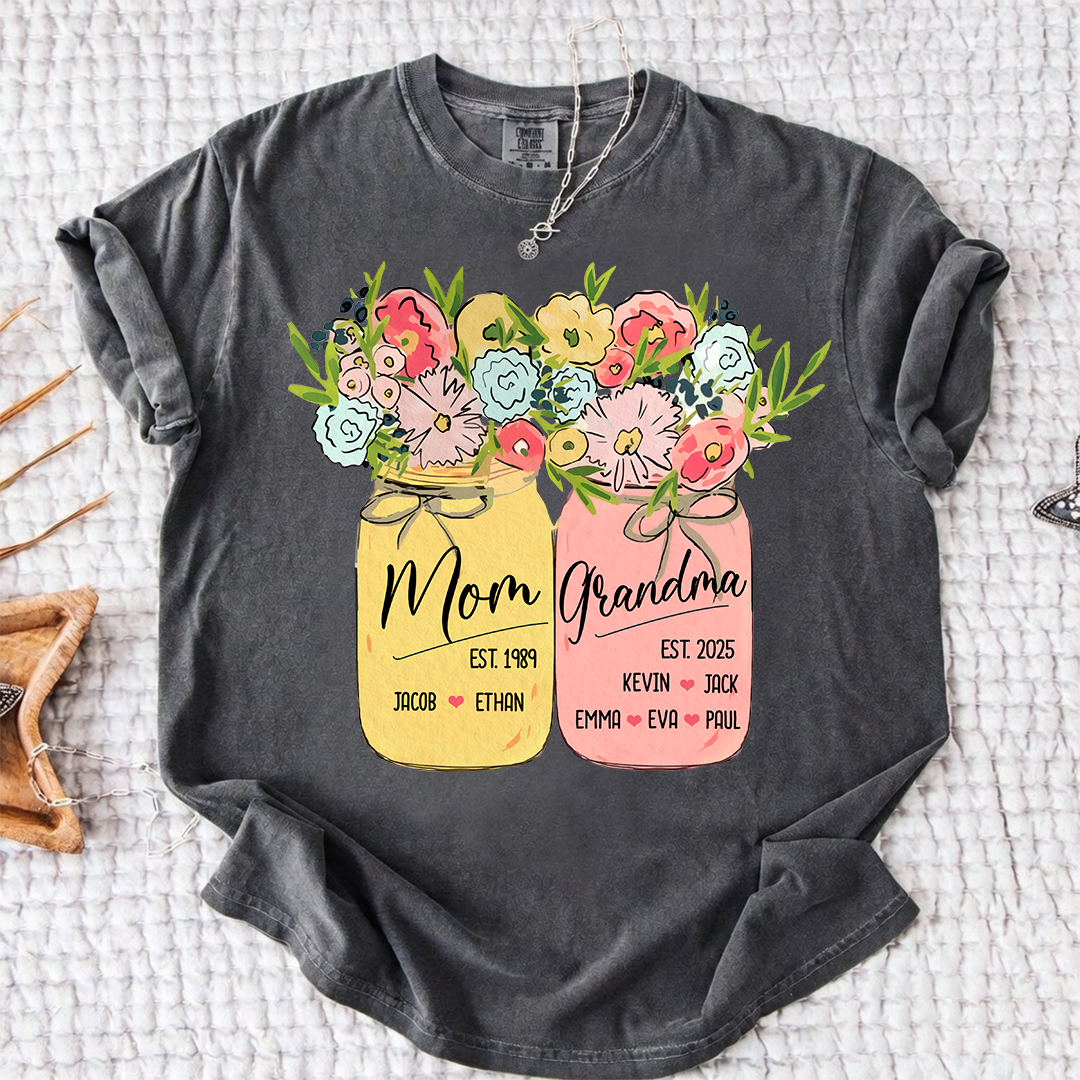 Personalized Mom Grandma Shirt Birth Flower Mason Jar Design Custom Nana Mimi Gigi Name Tee with Kids Names Meaningful Family Keepsake Gift for Women