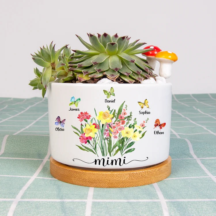 Grandma Flower And Butterfly Plant Pot, Custom Grandma And Grandkids TH Plant Pot Plant Pot