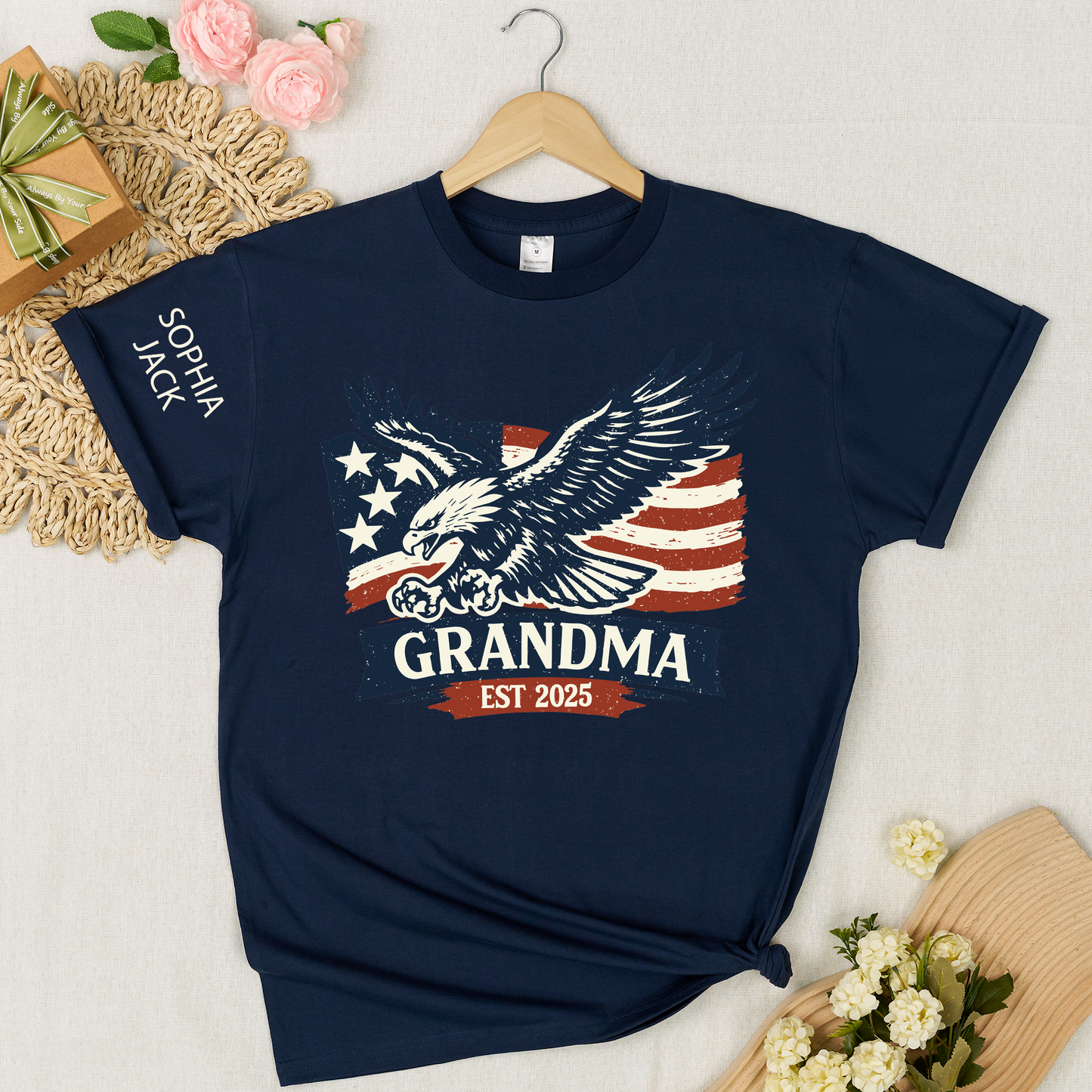Personalized Grandma Shirt Patriotic Eagle and American Flag Design Custom Mimi Nana Gigi Name Tee EST. 2025 Family Gift for Her