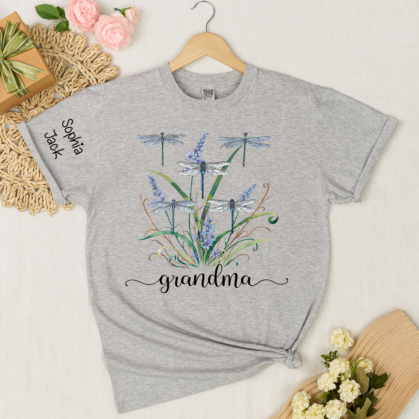 Personalized Grandma Shirt Dragonfly Floral Graphic Custom Grandkids Names Women Family Love Mimi Nana Gigi Mama Casual Short Sleeve T Shirt