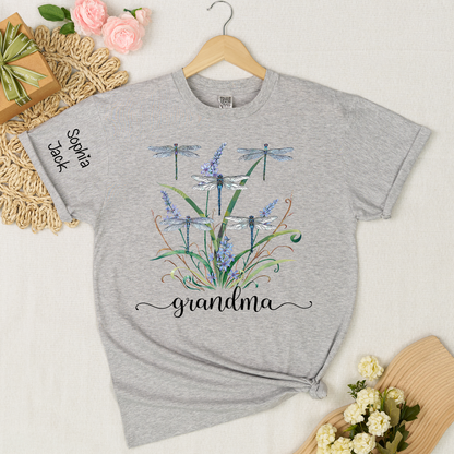 Personalized Grandma Shirt Dragonfly Floral Graphic Custom Grandkids Names Women Family Love Mimi Nana Gigi Mama Casual Short Sleeve T Shirt