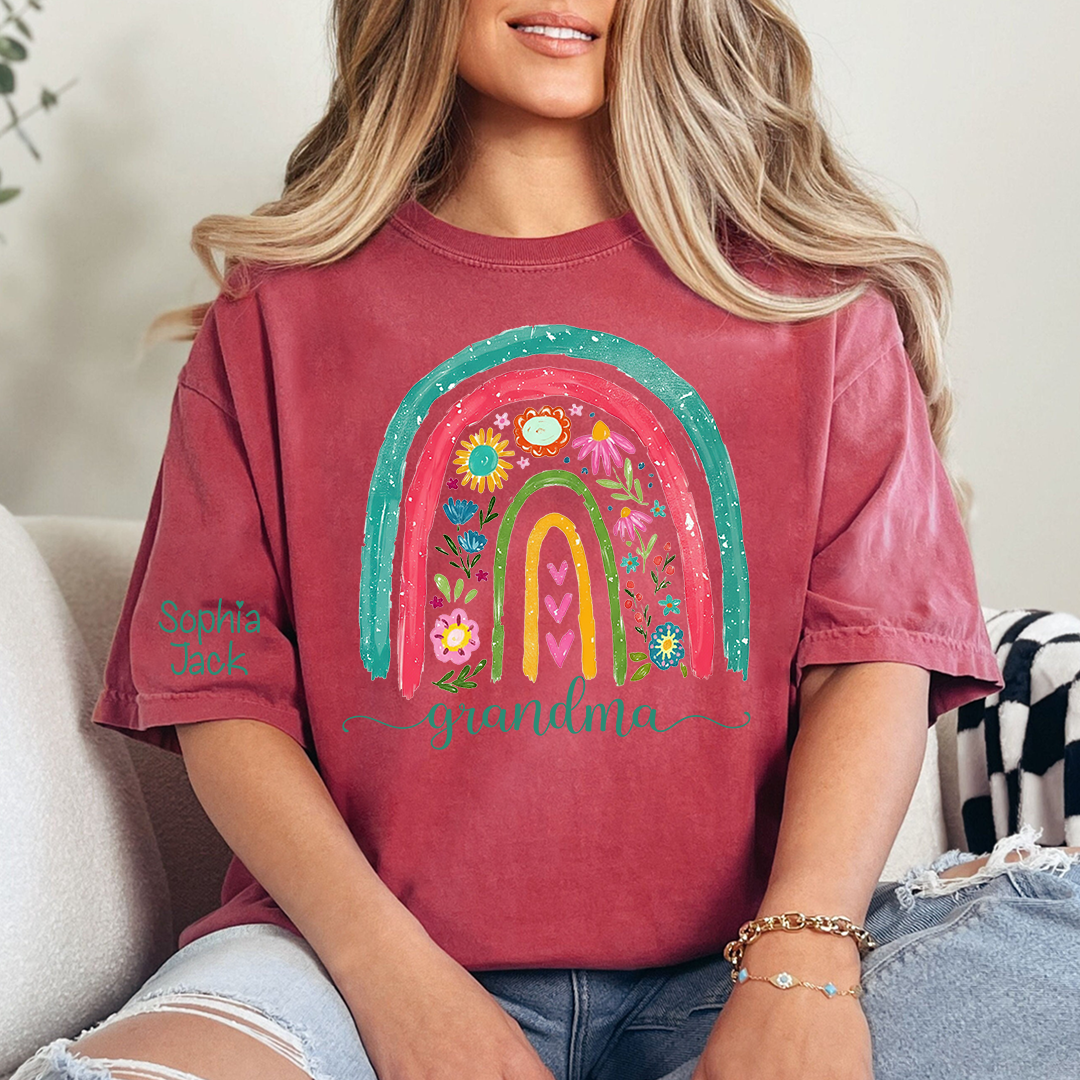Grandma Rainbow Floral Shirt, Personalized Nana Mimi Gigi Sweatshirt, Custom Kids Names Sleeve Tee, Boho Flower Grandma Gift for Mother's Day, Cute Family Matching Top