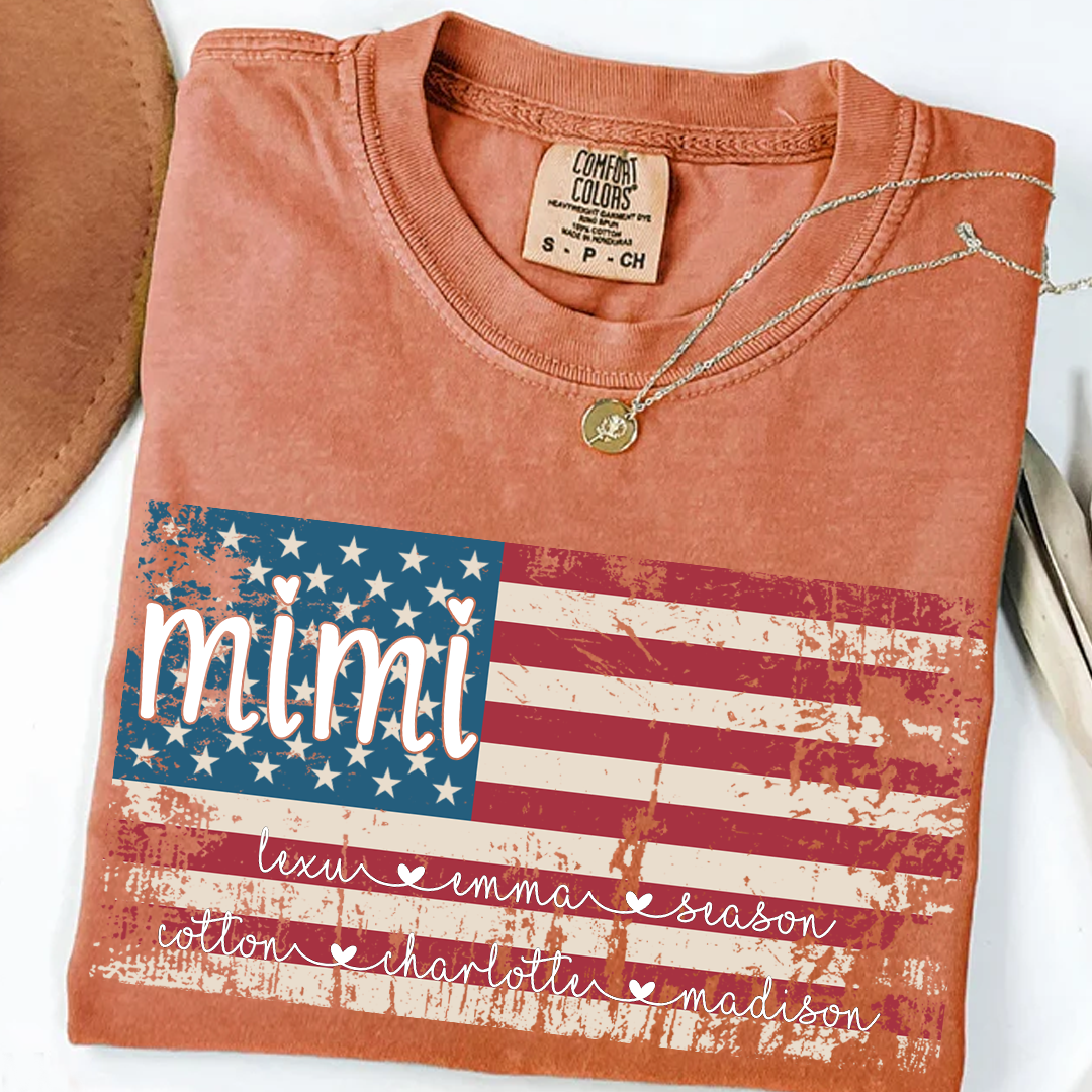 Comfort Colors Personalized Mimi American Flag Shirt With Grandkids Names, Custom Patriotic Mimi Shirt for Family, Meaningful USA Flag Design Apparel for Women and Grandma