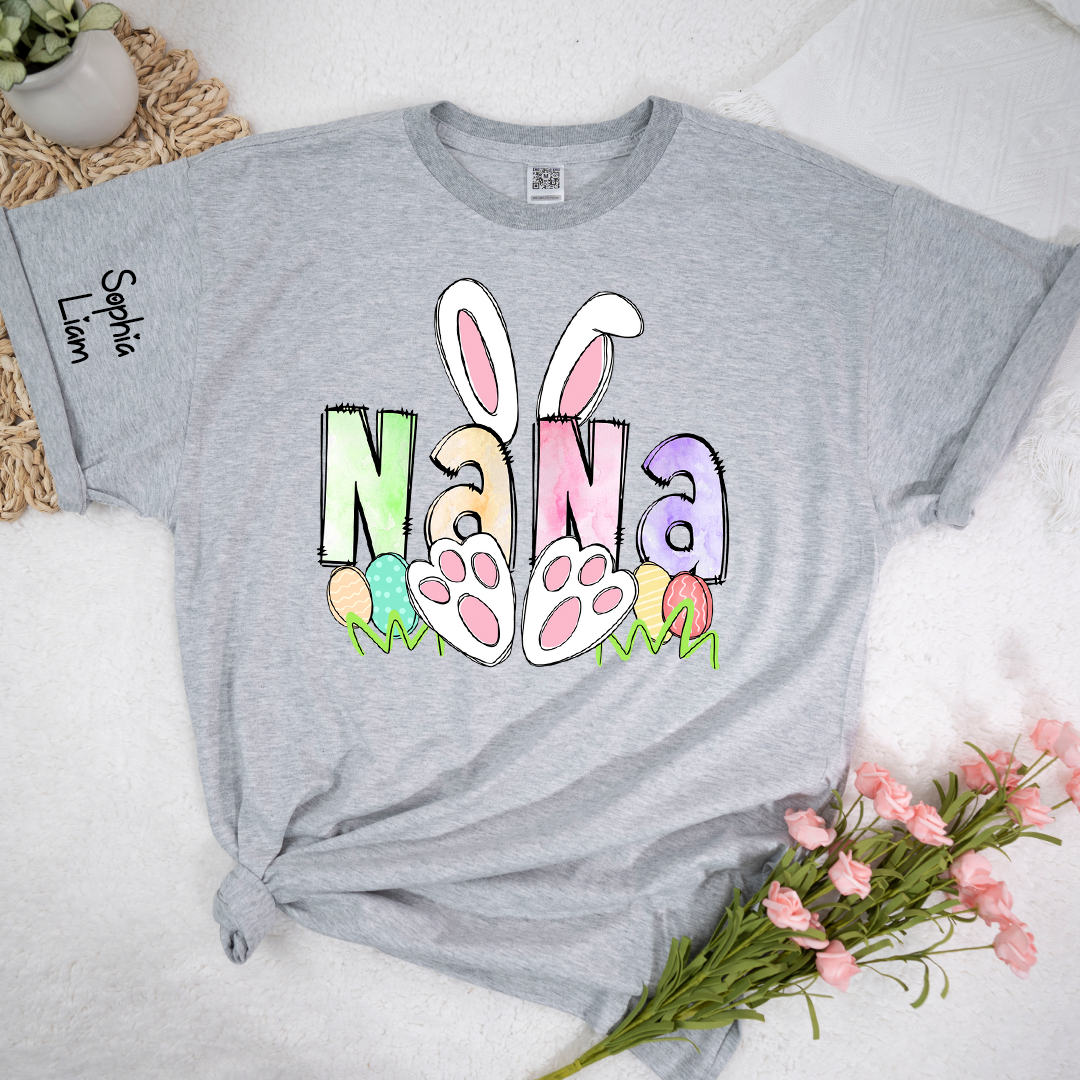 Personalized Nana Easter Shirt with Bunny Ears and Paw Print Design, Custom Grandma Name T Shirt, Spring Family Outfit, Cute Pastel Graphic Top for Mom and Grandma