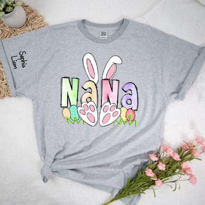 Personalized Nana Easter Shirt with Bunny Ears and Paw Print Design, Custom Grandma Name T Shirt, Spring Family Outfit, Cute Pastel Graphic Top for Mom and Grandma