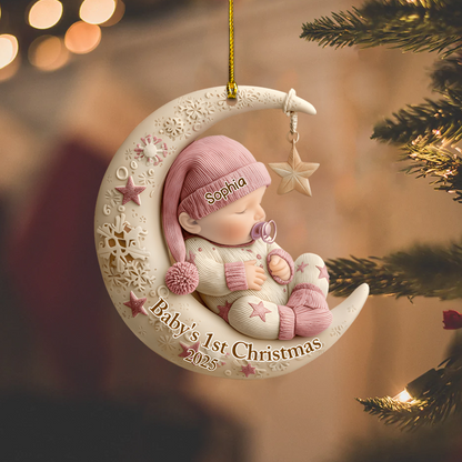Personalized Baby’s 1st Christmas Ornament 2025 – Custom Name Sleeping Baby on Moon Ornament, Newborn Keepsake Gift for Boys & Girls Ornament