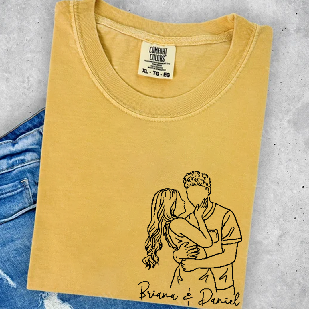 Custom Couple Line Art Comfort Colors Shirt, Personalized Photo Outline Portrait T Shirt, Matching Couple Shirt, Minimal Drawing Love Design