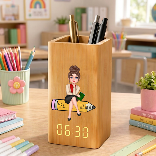 Personalized Teacher Desk Organizer With Clock, Custom Teacher Name Pen Holder, Appreciation Gift For Teachers Calendar Electronic Pen Holder