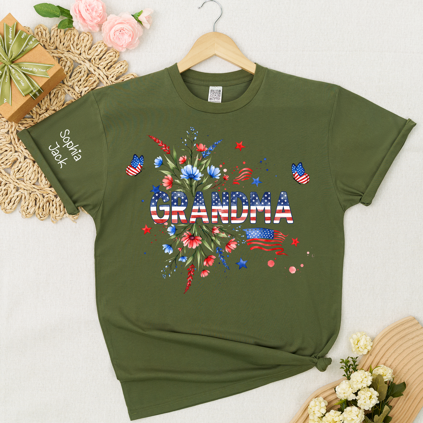 Patriotic Grandma Shirt, American Flag Floral Grandma T-Shirt, Custom Mimi Gigi Nana Tee, 4th of July Grandma Gift, Mother's Day Apparel