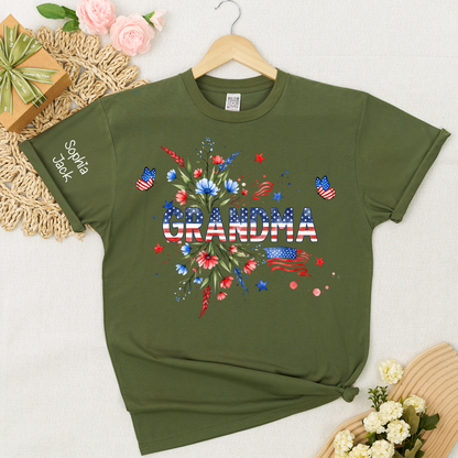 Patriotic Grandma Shirt, American Flag Floral Grandma T-Shirt, Custom Mimi Gigi Nana Tee, 4th of July Grandma Gift, Mother's Day Apparel