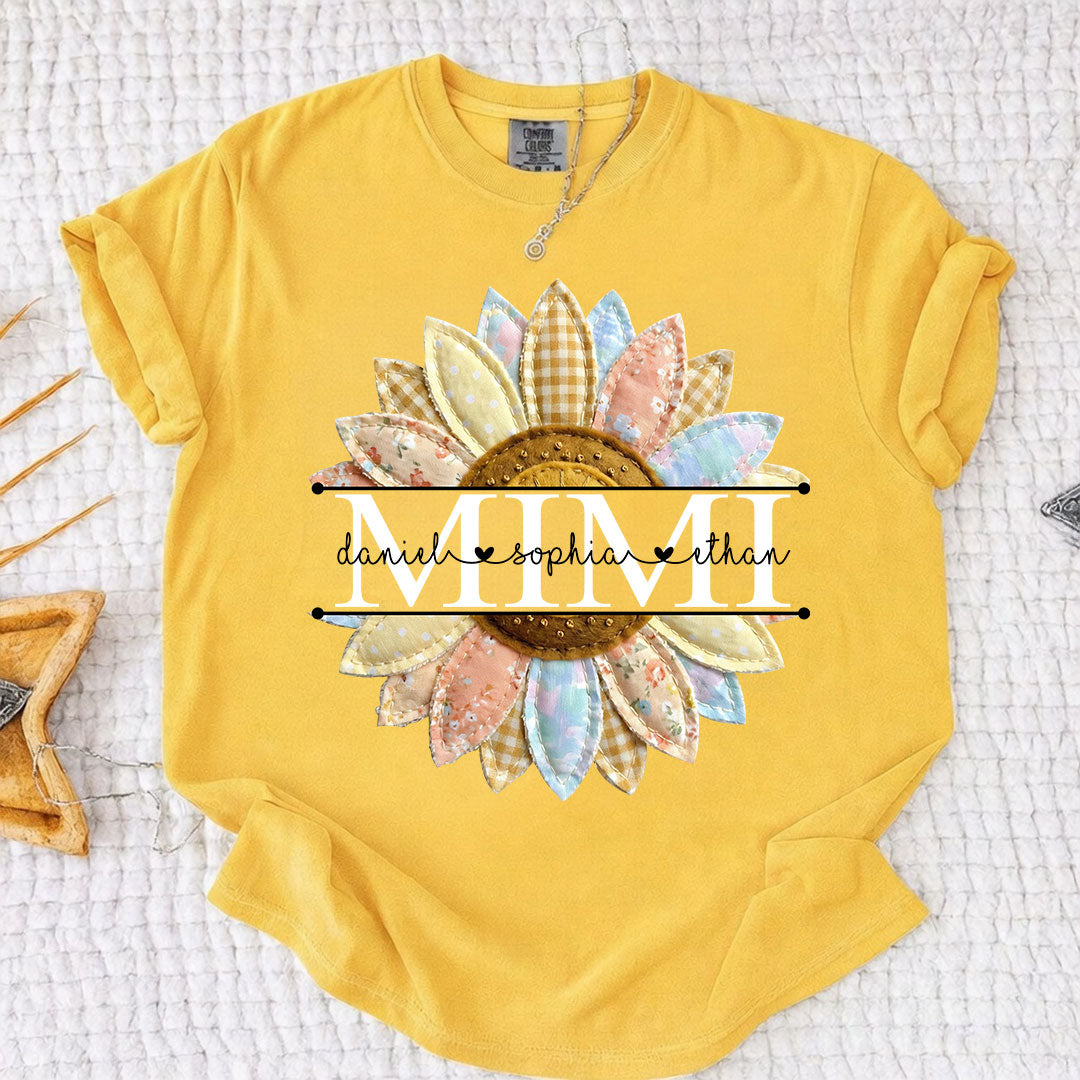 Comfort Colors Personalized Mimi Sunflower Patchwork Shirt Custom Grandma Nickname Tee With Grandkids Names Nana Gigi Grandma Floral Sunflower Design Family Gift Mothers Day Grandma Apparel