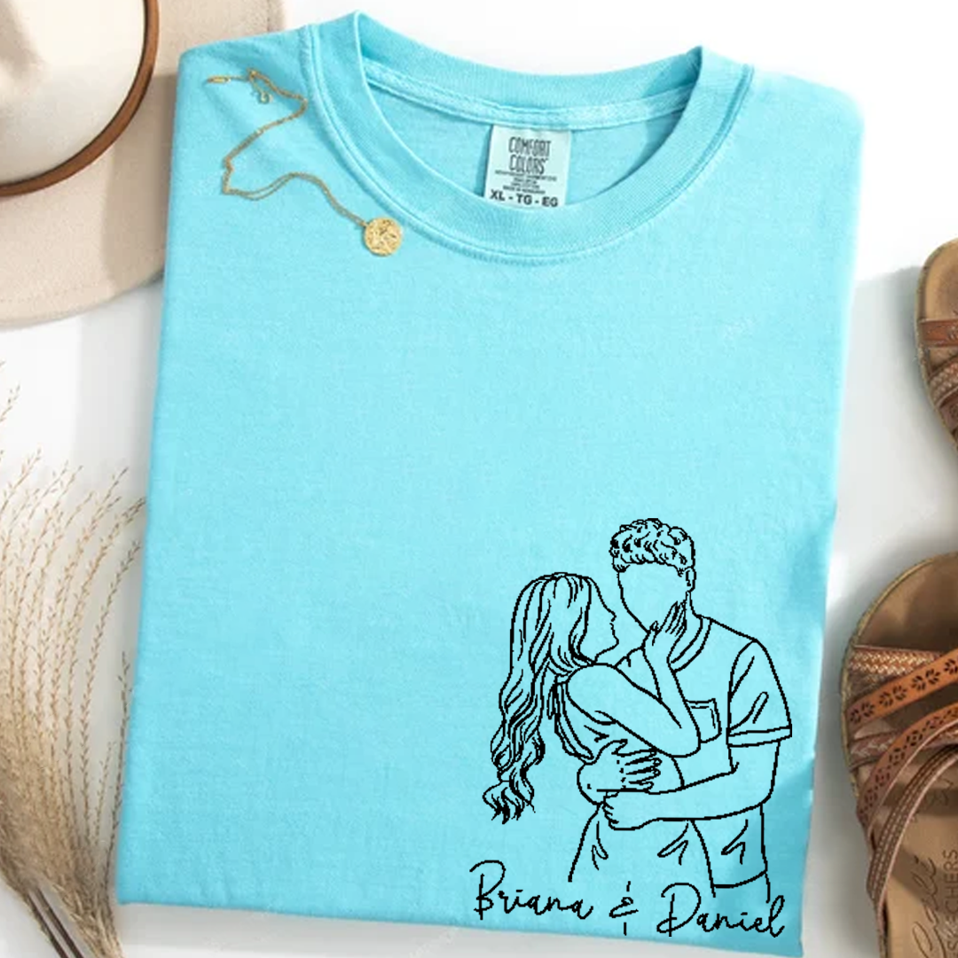 Custom Couple Line Art Comfort Colors Shirt, Personalized Photo Outline Portrait T Shirt, Matching Couple Shirt, Minimal Drawing Love Design