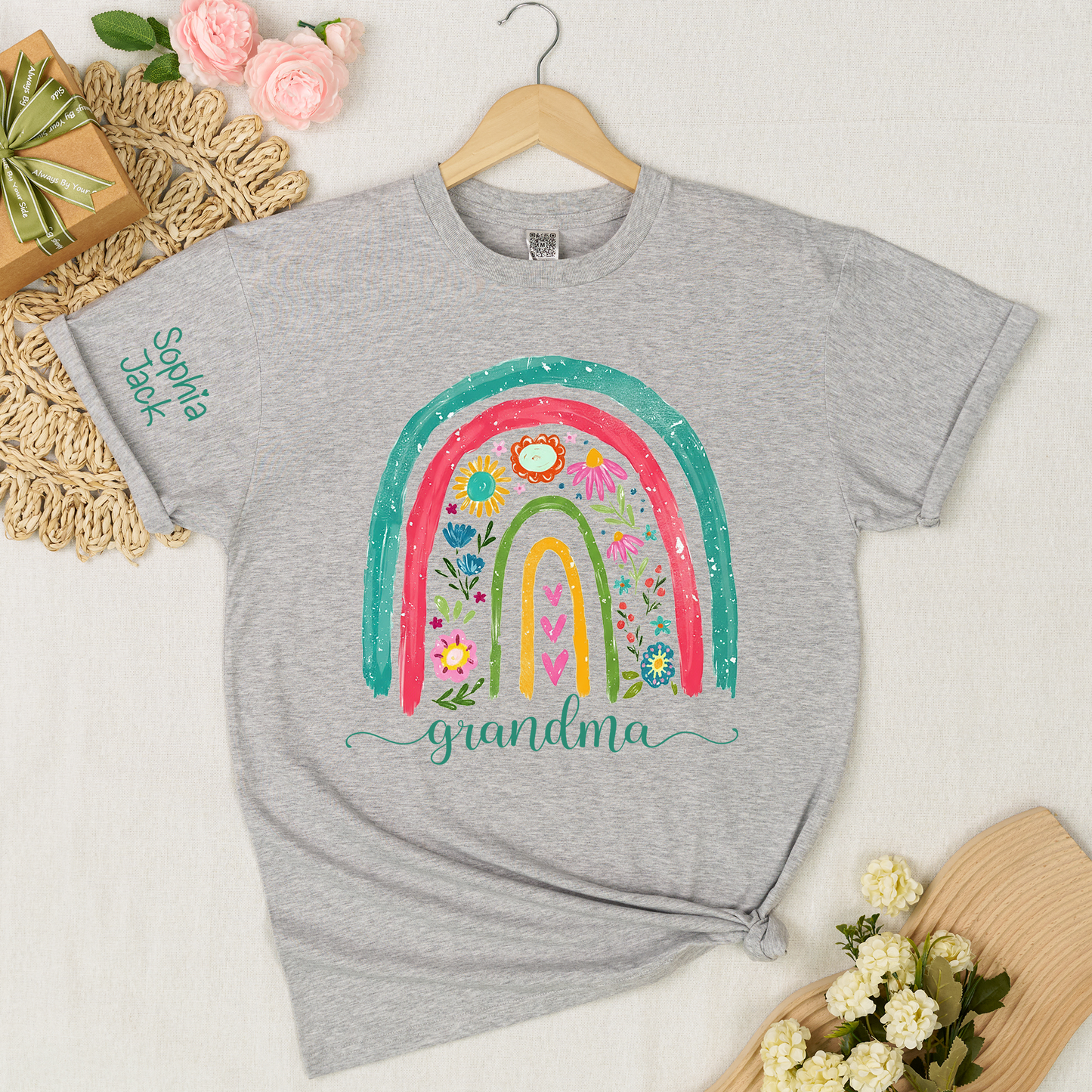 Grandma Rainbow Floral Shirt, Personalized Nana Mimi Gigi Sweatshirt, Custom Kids Names Sleeve Tee, Boho Flower Grandma Gift for Mother's Day, Cute Family Matching Top