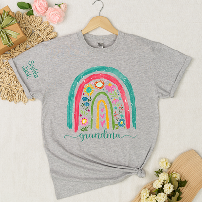 Grandma Rainbow Floral Shirt, Personalized Nana Mimi Gigi Sweatshirt, Custom Kids Names Sleeve Tee, Boho Flower Grandma Gift for Mother's Day, Cute Family Matching Top