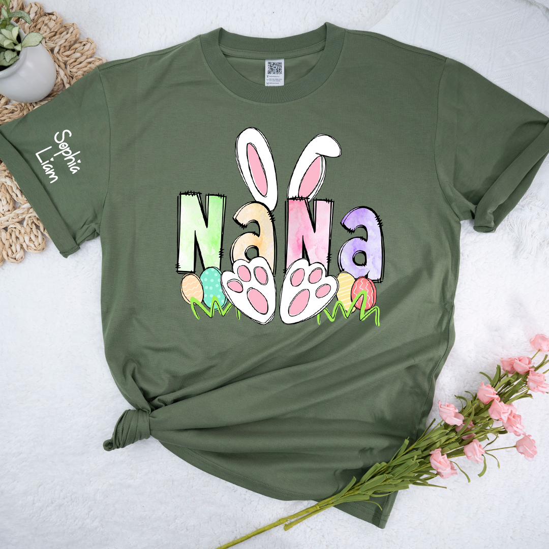 Personalized Nana Easter Shirt with Bunny Ears and Paw Print Design, Custom Grandma Name T Shirt, Spring Family Outfit, Cute Pastel Graphic Top for Mom and Grandma