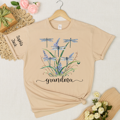 Personalized Grandma Shirt Dragonfly Floral Graphic Custom Grandkids Names Women Family Love Mimi Nana Gigi Mama Casual Short Sleeve T Shirt