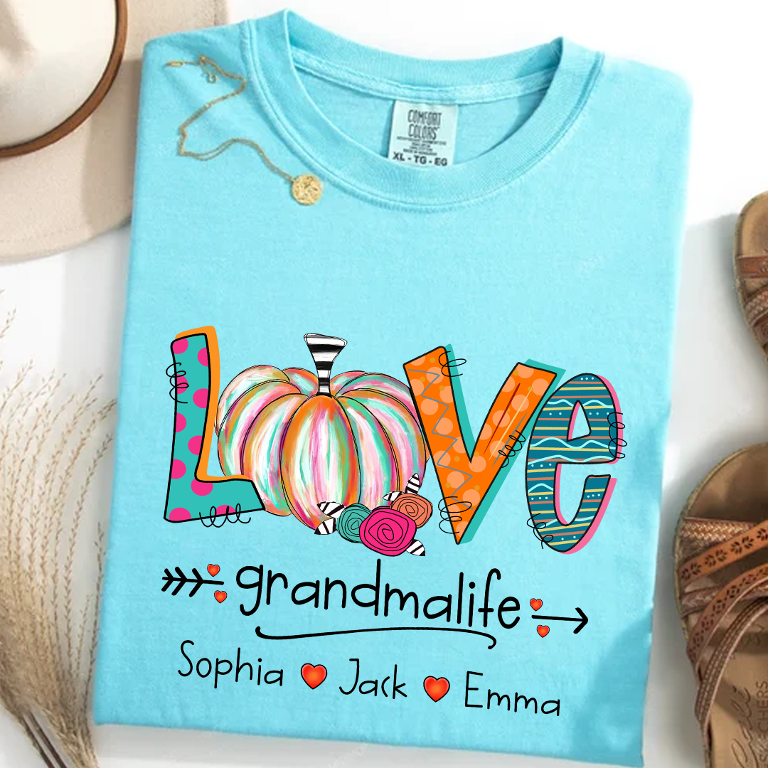 Comfort Colors® Grandma Life Pumpkin Shirt with Grandkids Names – Fall Personalized Gift for Nana, Gigi
