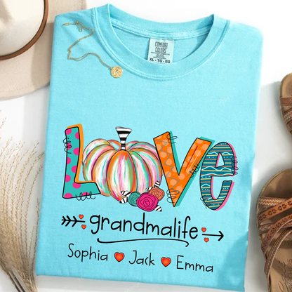 Comfort Colors® Grandma Life Pumpkin Shirt with Grandkids Names – Fall Personalized Gift for Nana, Gigi