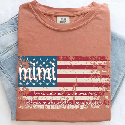 Comfort Colors Personalized Mimi American Flag Shirt With Grandkids Names, Custom Patriotic Mimi Shirt for Family, Meaningful USA Flag Design Apparel for Women and Grandma