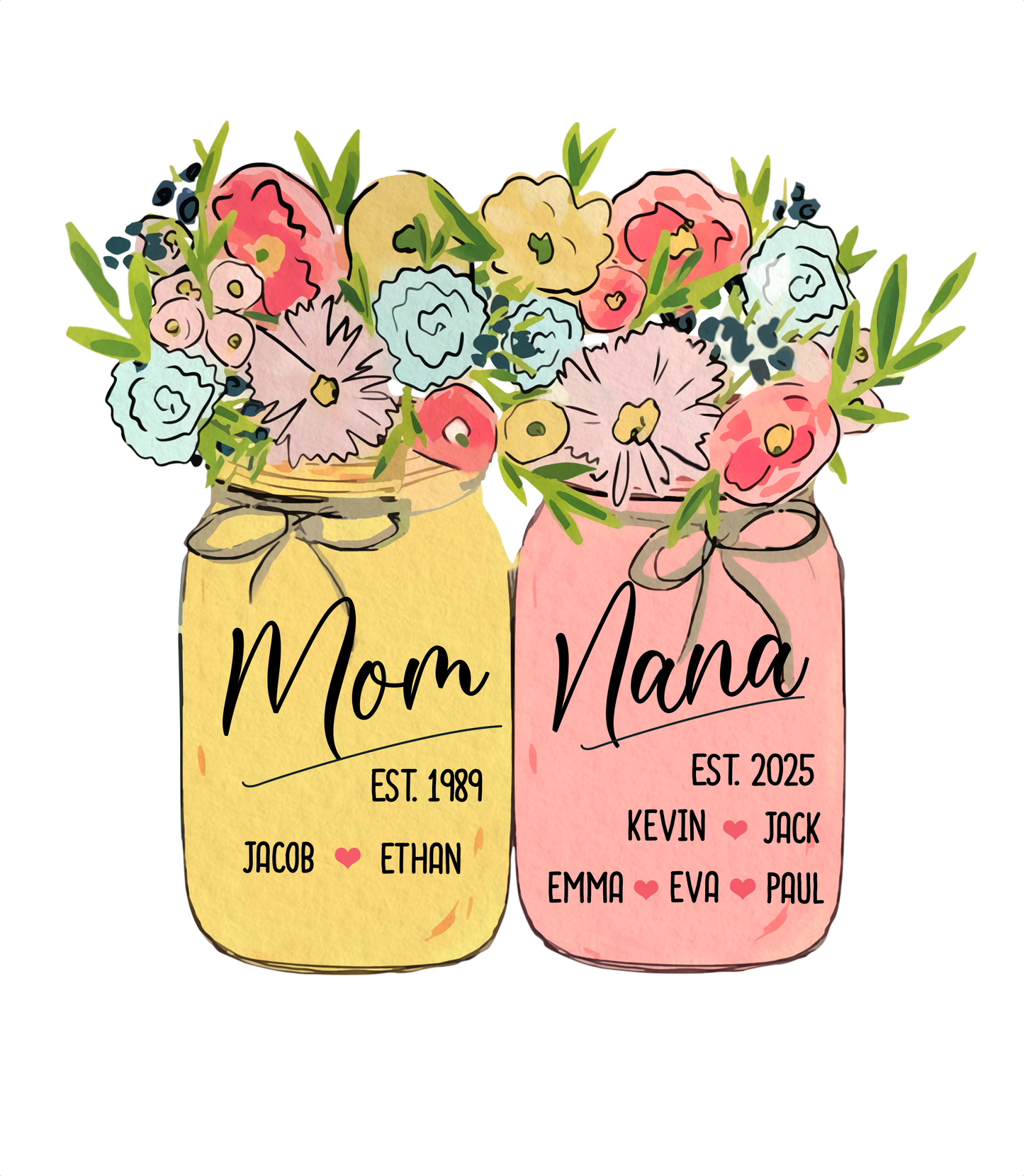 Personalized Mom Grandma Shirt Birth Flower Mason Jar Design Custom Nana Mimi Gigi Name Tee with Kids Names Meaningful Family Keepsake Gift for Women
