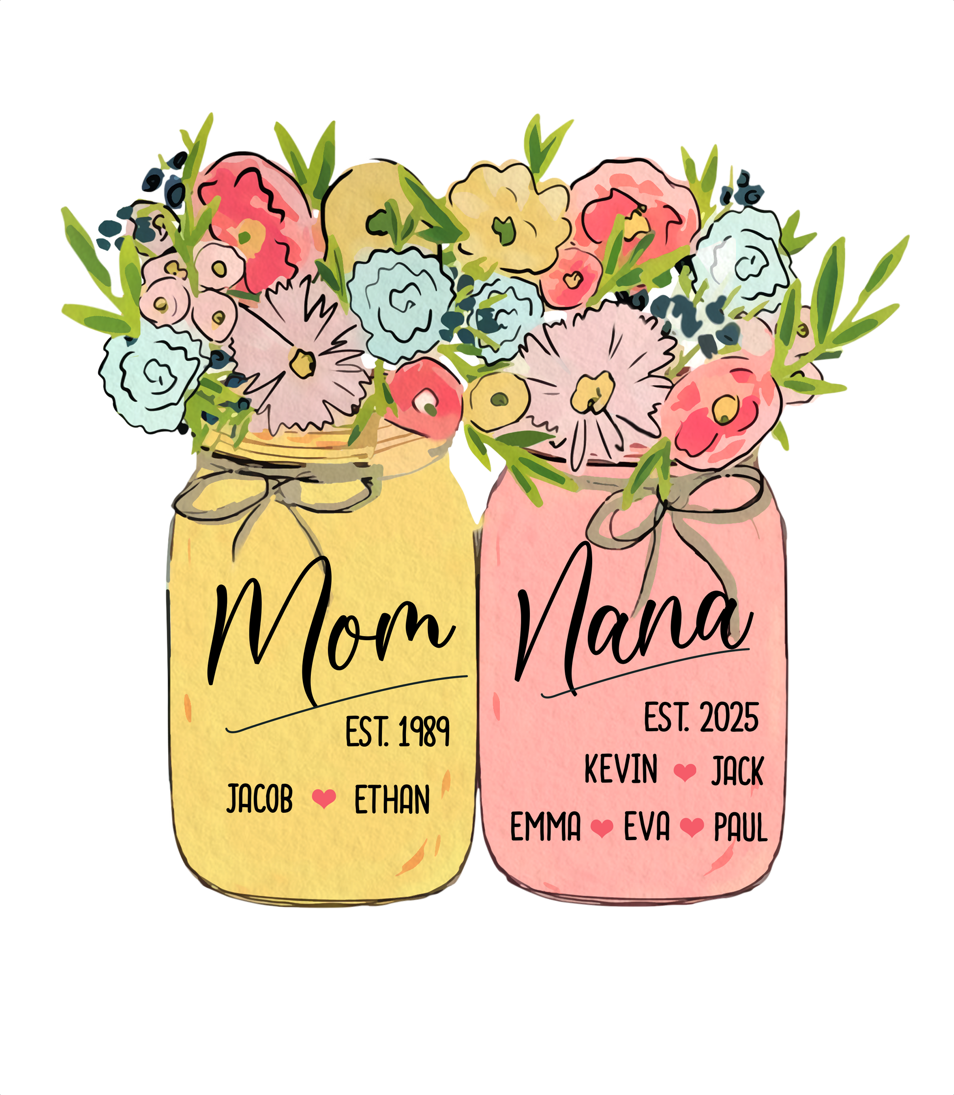 Personalized Mom Grandma Shirt Birth Flower Mason Jar Design Custom Nana Mimi Gigi Name Tee with Kids Names Meaningful Family Keepsake Gift for Women