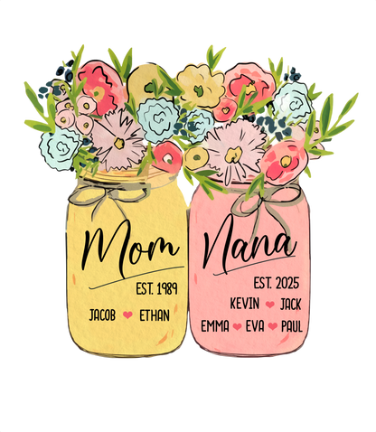 Personalized Mom Grandma Shirt Birth Flower Mason Jar Design Custom Nana Mimi Gigi Name Tee with Kids Names Meaningful Family Keepsake Gift for Women