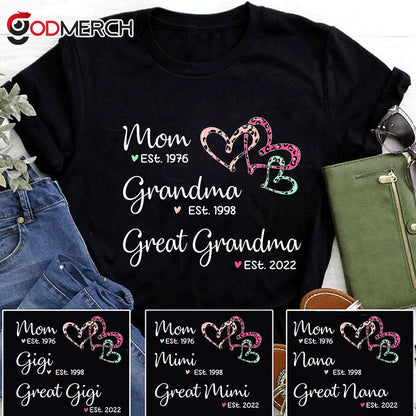 Mom Est Grandma Est Great Grandma Heart Leopard Black T-Shirt