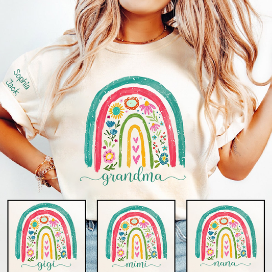 Grandma Rainbow Floral Shirt, Personalized Nana Mimi Gigi Sweatshirt, Custom Kids Names Sleeve Tee, Boho Flower Grandma Gift for Mother's Day, Cute Family Matching Top