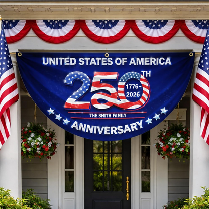 250th Anniversary Flag Custom Family Name, 4th of July Decor, Patriotic Bunting Outdoor, Front Door, Porch