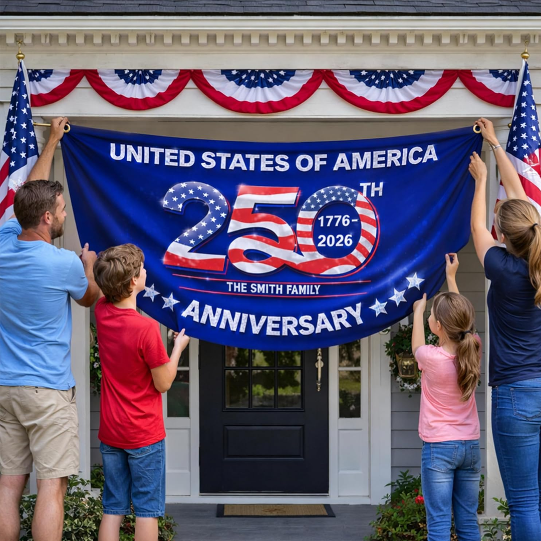 250th Anniversary Flag Custom Family Name, 4th of July Decor, Patriotic Bunting Outdoor, Front Door, Porch