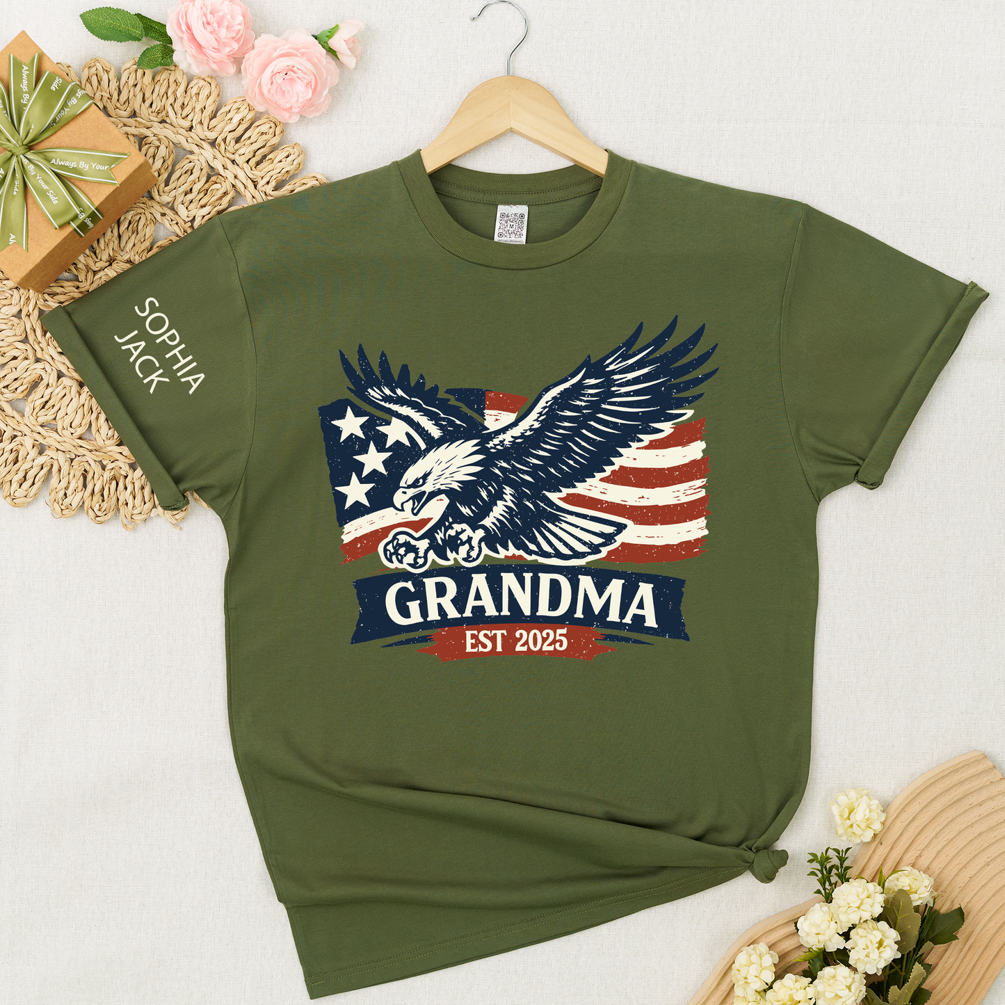 Personalized Grandma Shirt Patriotic Eagle and American Flag Design Custom Mimi Nana Gigi Name Tee EST. 2025 Family Gift for Her