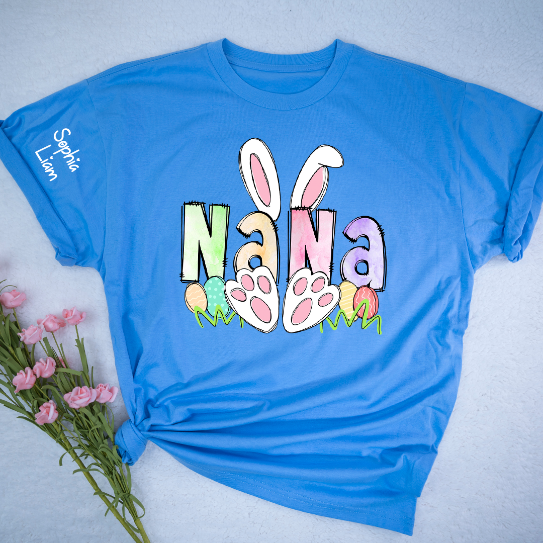 Personalized Nana Easter Shirt with Bunny Ears and Paw Print Design, Custom Grandma Name T Shirt, Spring Family Outfit, Cute Pastel Graphic Top for Mom and Grandma