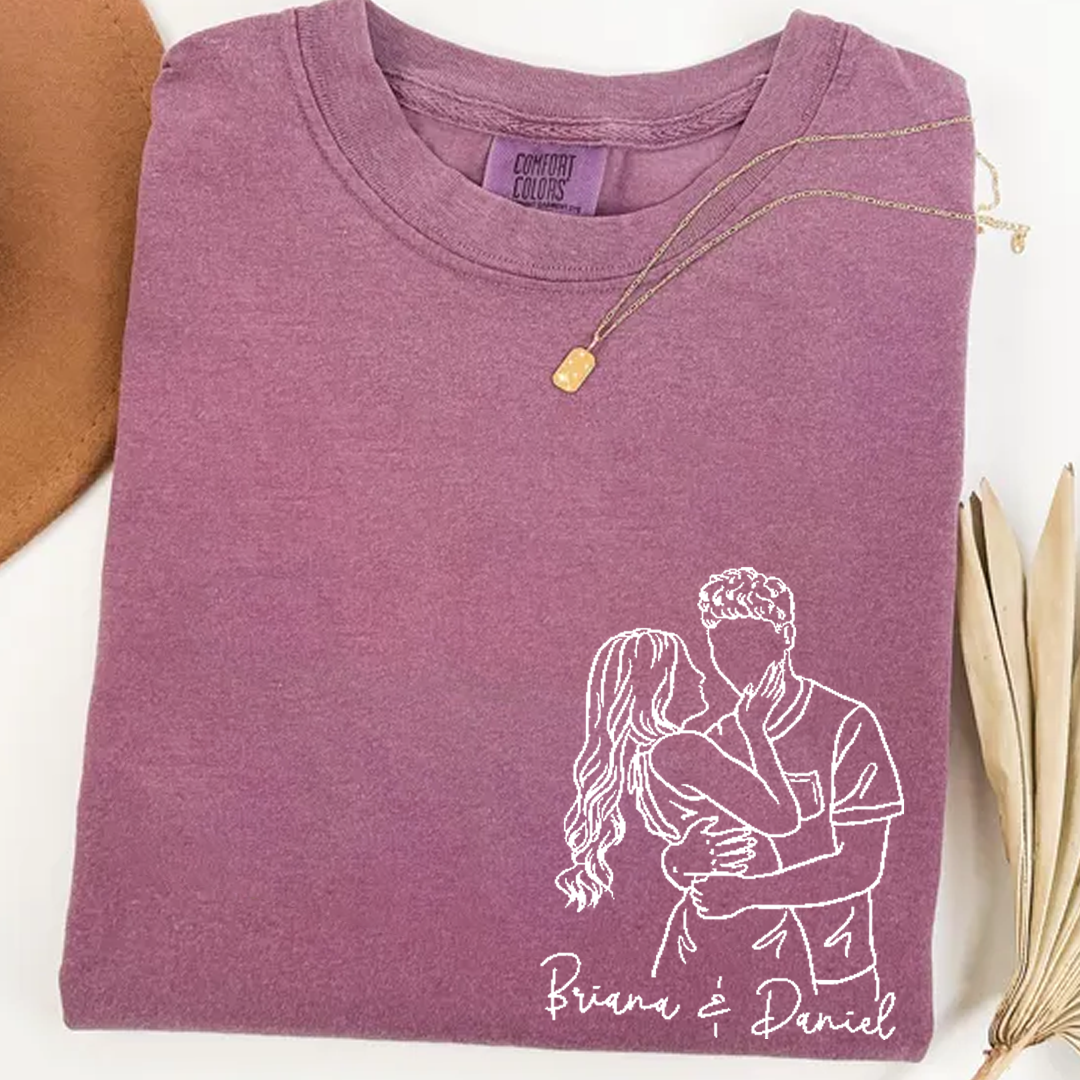 Custom Couple Line Art Comfort Colors Shirt, Personalized Photo Outline Portrait T Shirt, Matching Couple Shirt, Minimal Drawing Love Design