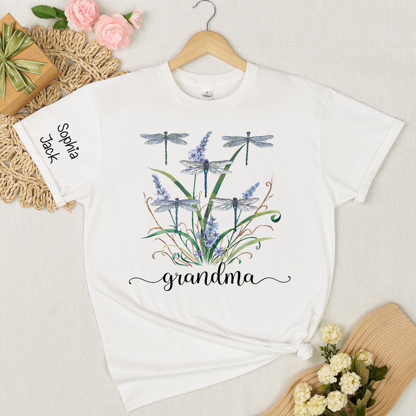 Personalized Grandma Shirt Dragonfly Floral Graphic Custom Grandkids Names Women Family Love Mimi Nana Gigi Mama Casual Short Sleeve T Shirt