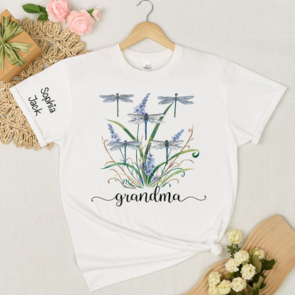 Personalized Grandma Shirt Dragonfly Floral Graphic Custom Grandkids Names Women Family Love Mimi Nana Gigi Mama Casual Short Sleeve T Shirt