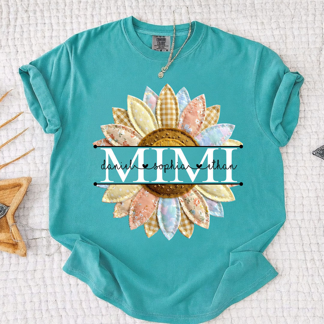 Comfort Colors Personalized Mimi Sunflower Patchwork Shirt Custom Grandma Nickname Tee With Grandkids Names Nana Gigi Grandma Floral Sunflower Design Family Gift Mothers Day Grandma Apparel