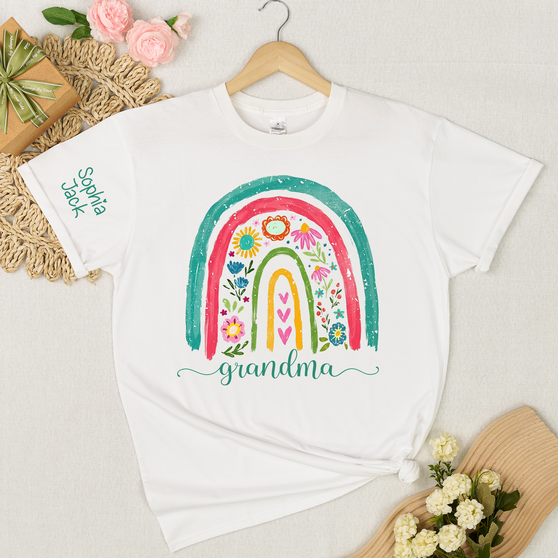 Grandma Rainbow Floral Shirt, Personalized Nana Mimi Gigi Sweatshirt, Custom Kids Names Sleeve Tee, Boho Flower Grandma Gift for Mother's Day, Cute Family Matching Top