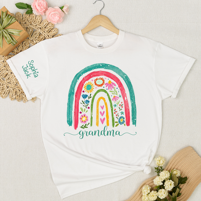 Grandma Rainbow Floral Shirt, Personalized Nana Mimi Gigi Sweatshirt, Custom Kids Names Sleeve Tee, Boho Flower Grandma Gift for Mother's Day, Cute Family Matching Top
