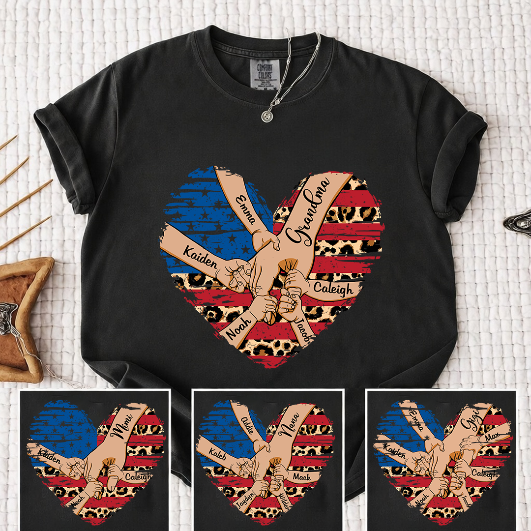 Comfort Color Personalized Grandma Shirt Patriotic Heart American Flag Leopard Design Custom Nana Mimi Gigi Name Tee with Grandkids Names Family 4th of July Outfit